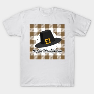 Black Pilgrim Hat on Brown Plaid - Happy Thanksgiving T-Shirt